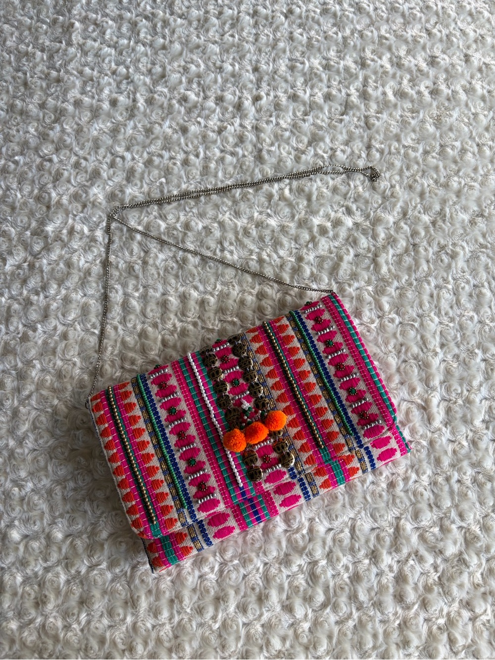 New Charade Handwoven Pink Multicolor Pom-Pom Crossbody Clutch